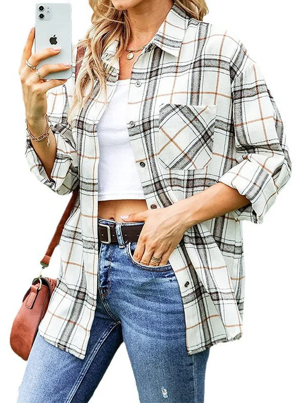 Long Sleeves Loose Buttoned Plaid Pockets Lapel Blouses&Shirts Tops
