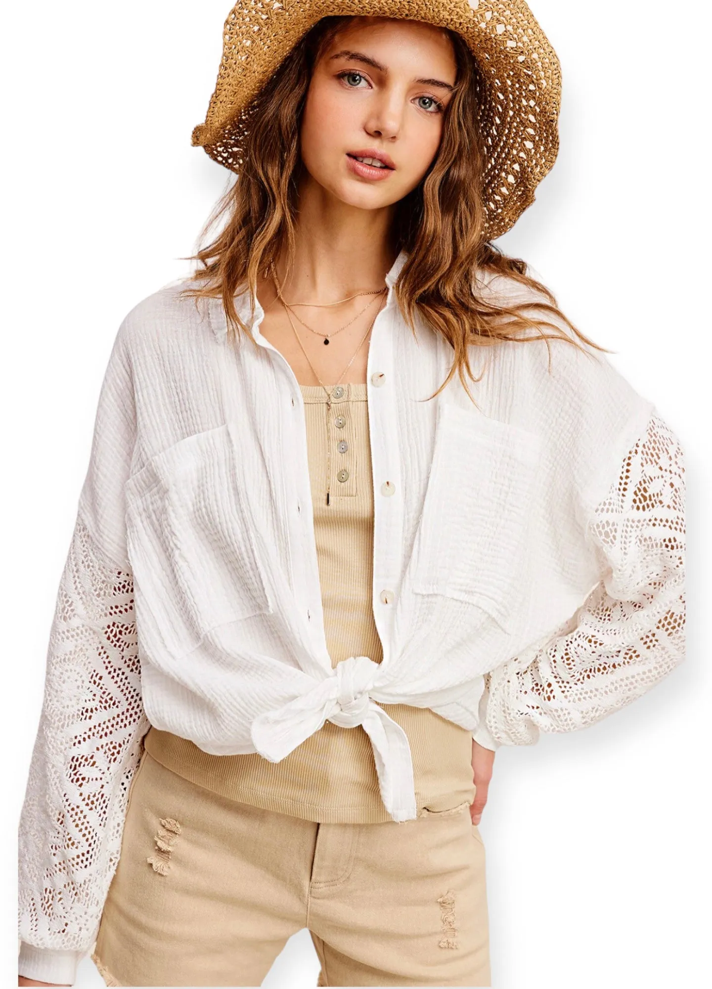 Lotus Crochet Button Down Blouse- White