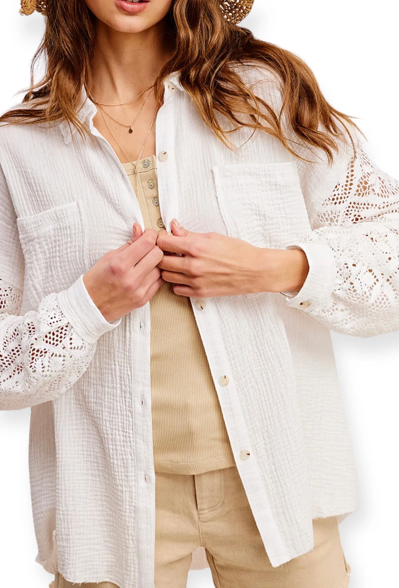 Lotus Crochet Button Down Blouse- White