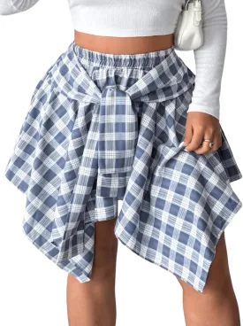 MakeMeChic Women's Plus Size Plaid Elastic High Waisted Tie Front Asymmetrical Hem Skater Mini Skirts