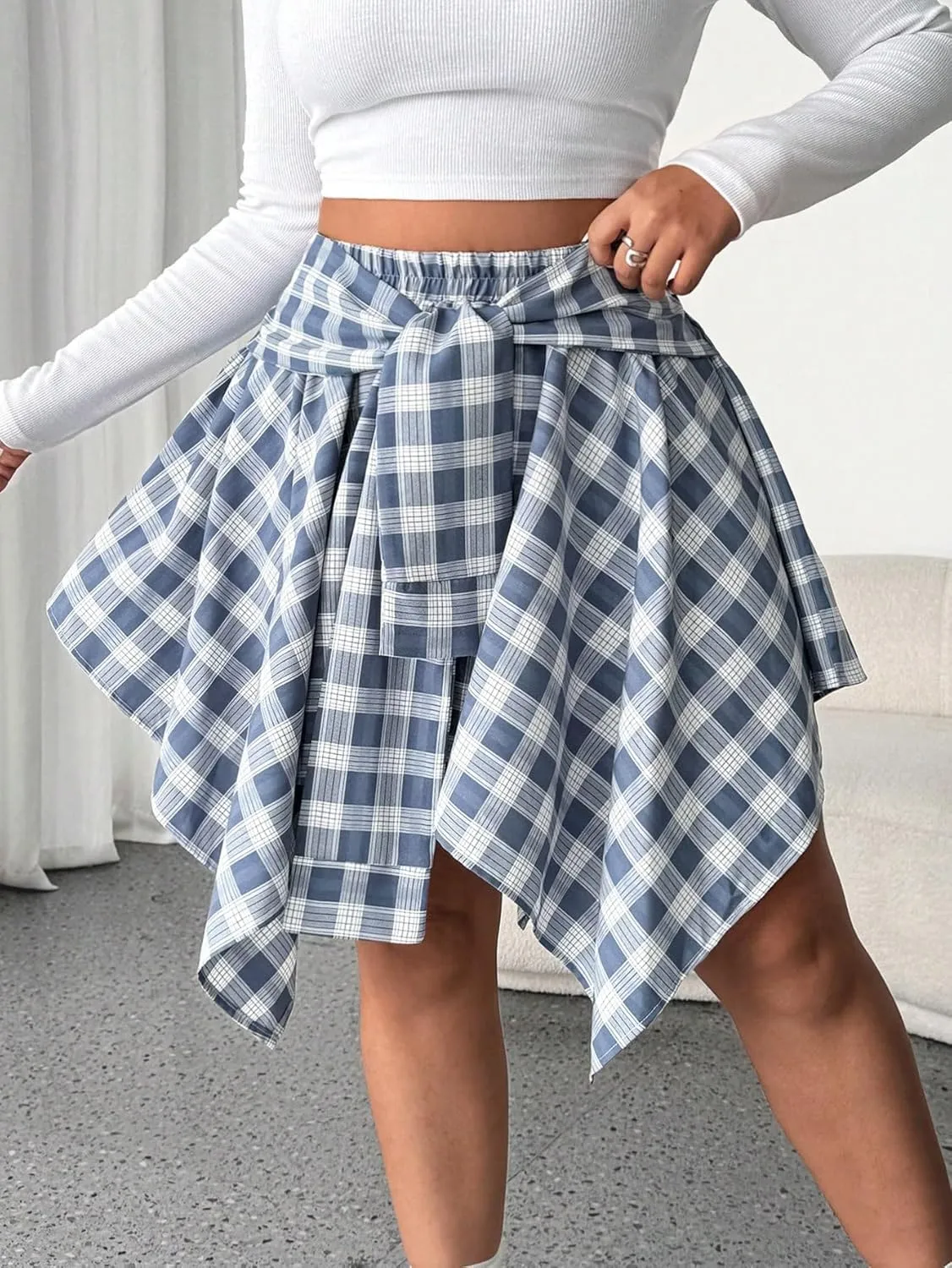 MakeMeChic Women's Plus Size Plaid Elastic High Waisted Tie Front Asymmetrical Hem Skater Mini Skirts
