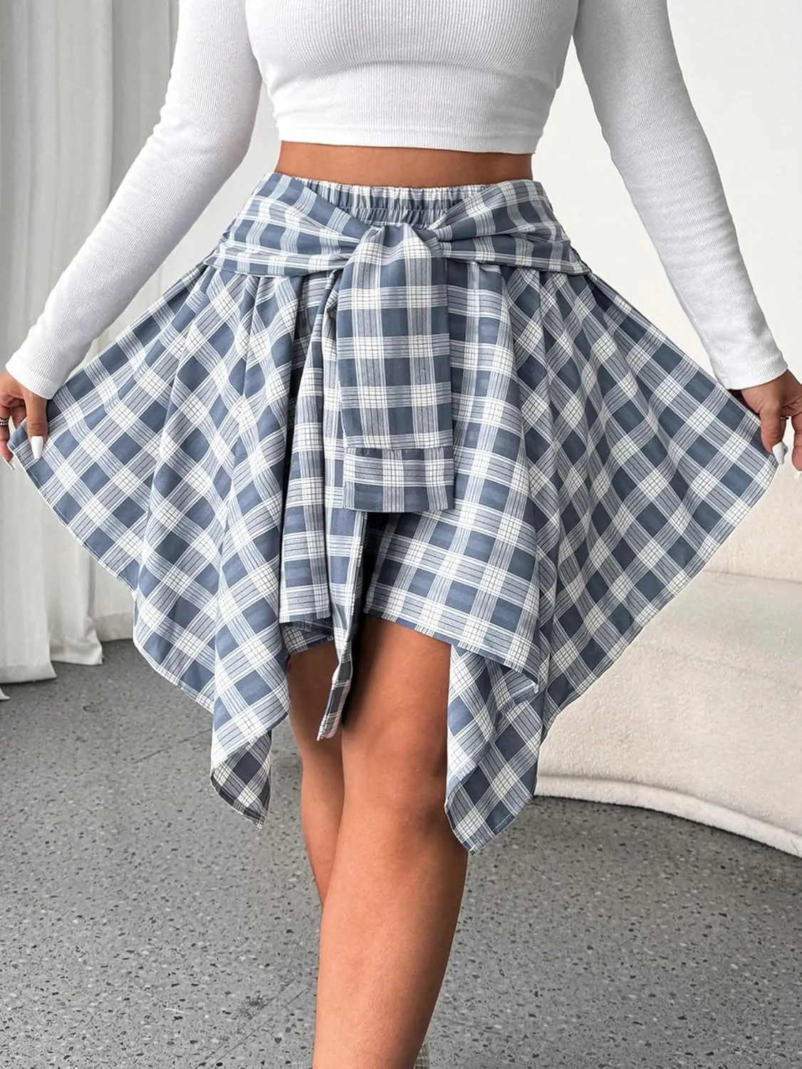 MakeMeChic Women's Plus Size Plaid Elastic High Waisted Tie Front Asymmetrical Hem Skater Mini Skirts