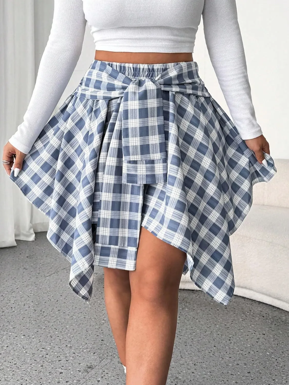 MakeMeChic Women's Plus Size Plaid Elastic High Waisted Tie Front Asymmetrical Hem Skater Mini Skirts