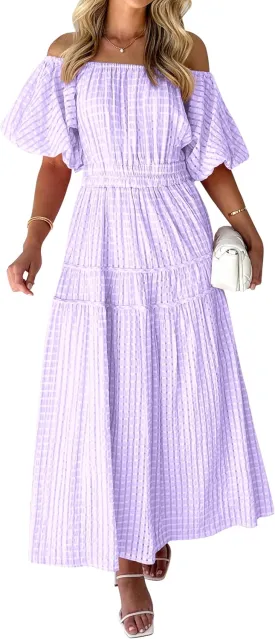 MASCOMODA Off The Shoulder Flowy Maxi Dress for Women 2024 Summer Casual Puff Short Sleeve Smocked Ruffle Beach Long Dresses