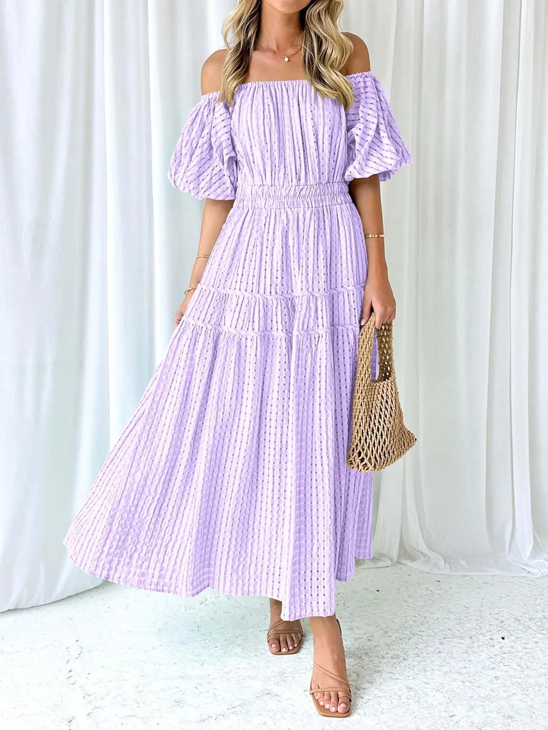 MASCOMODA Off The Shoulder Flowy Maxi Dress for Women 2024 Summer Casual Puff Short Sleeve Smocked Ruffle Beach Long Dresses