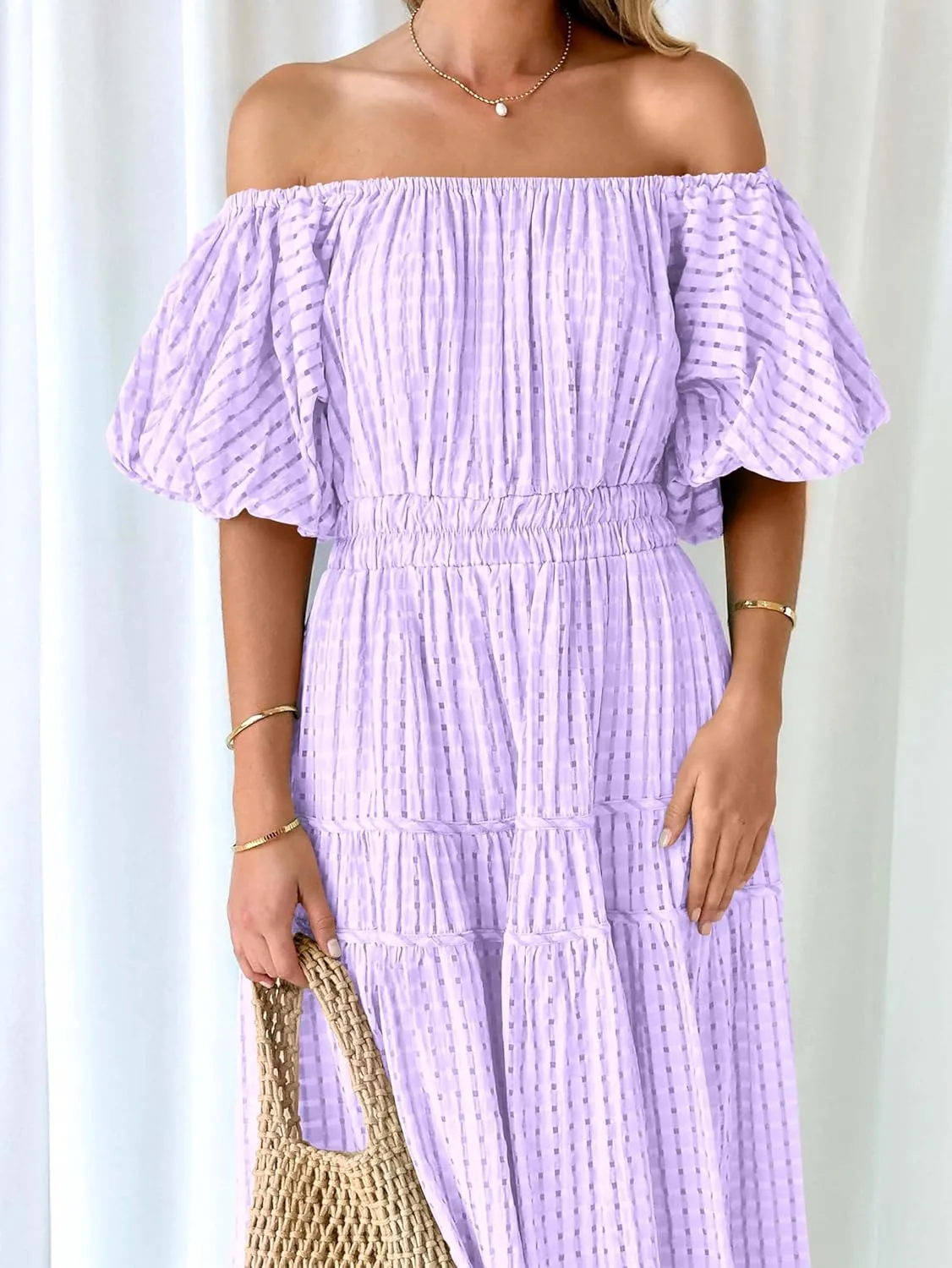 MASCOMODA Off The Shoulder Flowy Maxi Dress for Women 2024 Summer Casual Puff Short Sleeve Smocked Ruffle Beach Long Dresses