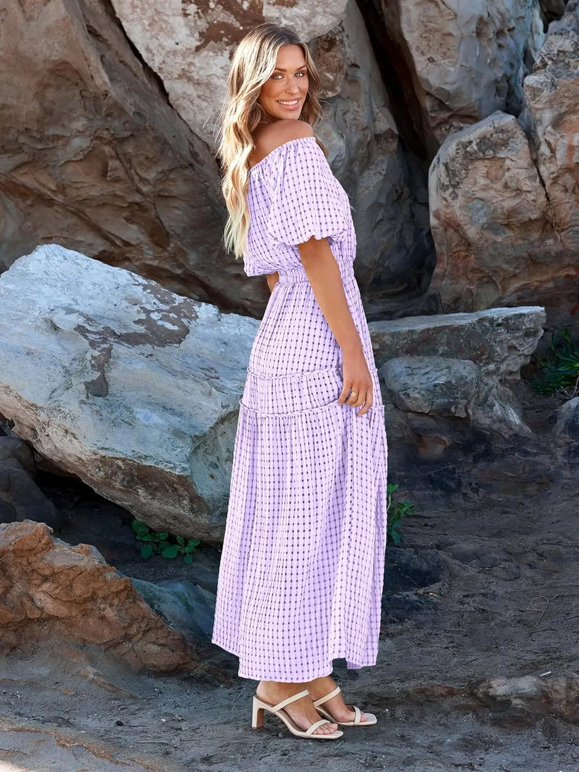 MASCOMODA Off The Shoulder Flowy Maxi Dress for Women 2024 Summer Casual Puff Short Sleeve Smocked Ruffle Beach Long Dresses