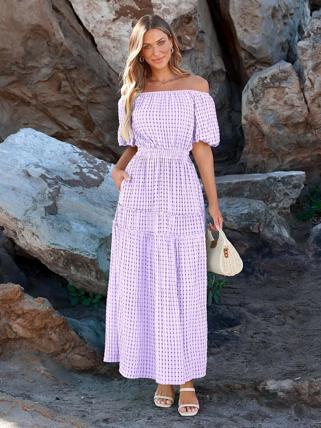 MASCOMODA Off The Shoulder Flowy Maxi Dress for Women 2024 Summer Casual Puff Short Sleeve Smocked Ruffle Beach Long Dresses