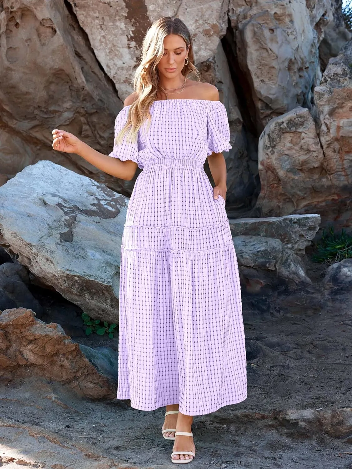 MASCOMODA Off The Shoulder Flowy Maxi Dress for Women 2024 Summer Casual Puff Short Sleeve Smocked Ruffle Beach Long Dresses