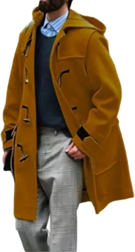 Mens Duffle Coat Wool Blend Single Breasted Walking Toggle Coats Mid Long Trench Coat with Hood for Big and Tall Men