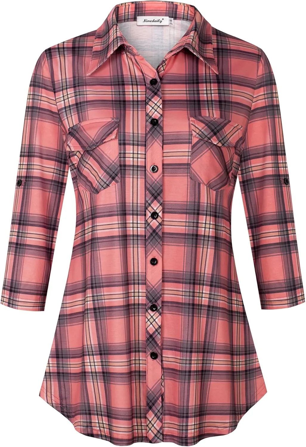Ninedaily Women's Plaid Shirt Collared Button Down Blouse 3/4 Sleeve Tunic Tops