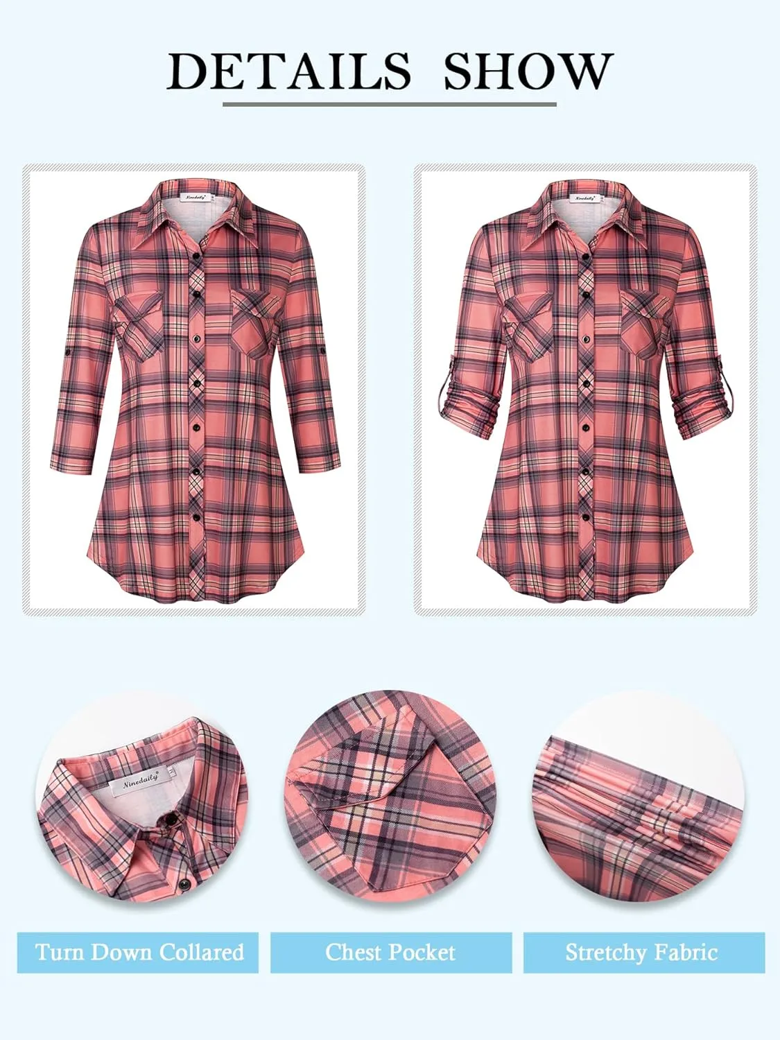 Ninedaily Women's Plaid Shirt Collared Button Down Blouse 3/4 Sleeve Tunic Tops
