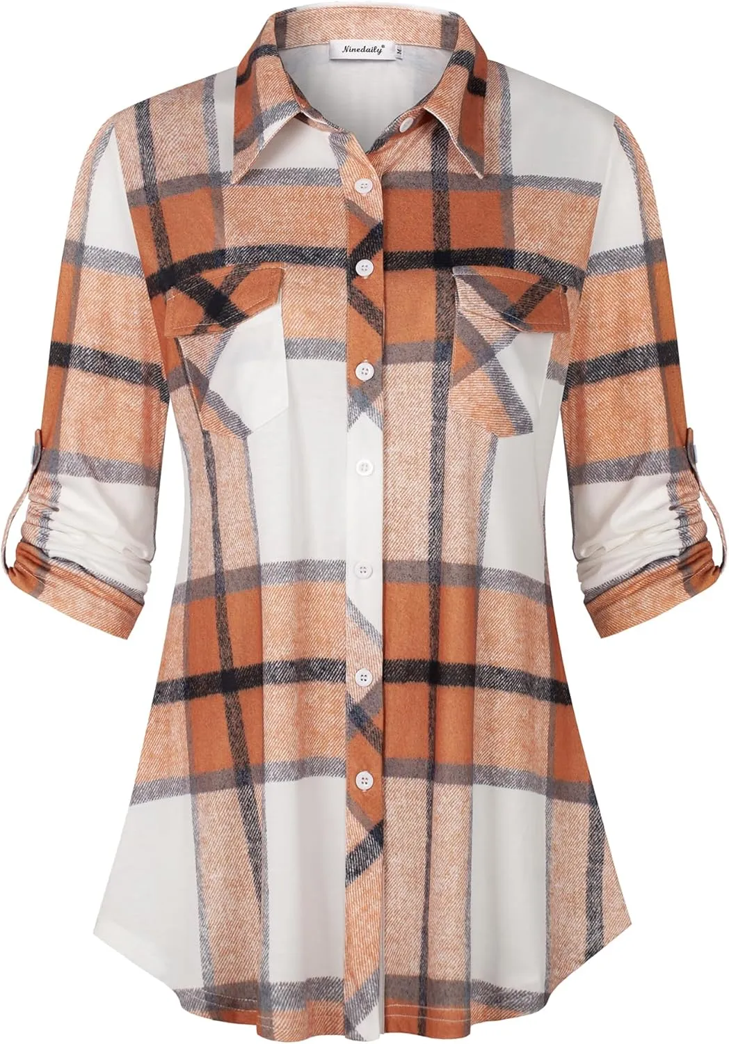 Ninedaily Women's Plaid Shirt Collared Button Down Blouse 3/4 Sleeve Tunic Tops