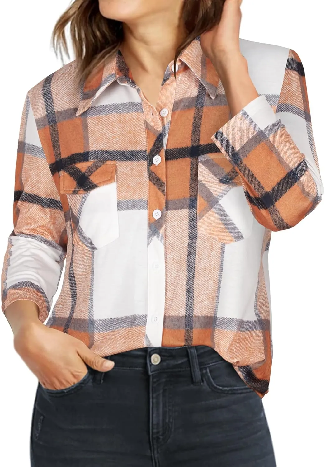 Ninedaily Women's Plaid Shirt Collared Button Down Blouse 3/4 Sleeve Tunic Tops