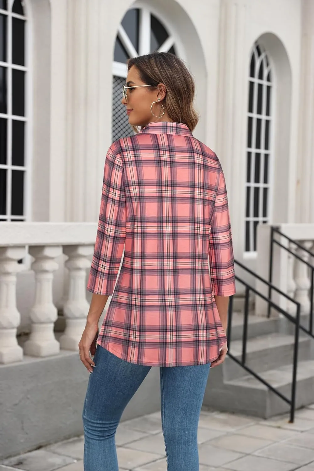 Ninedaily Women's Plaid Shirt Collared Button Down Blouse 3/4 Sleeve Tunic Tops