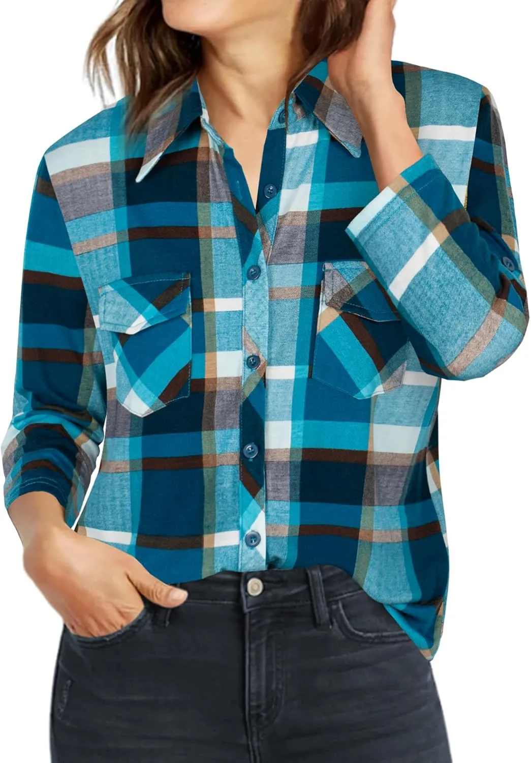 Ninedaily Women's Plaid Shirt Collared Button Down Blouse 3/4 Sleeve Tunic Tops