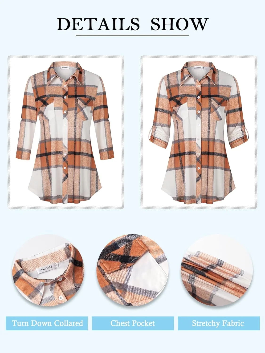 Ninedaily Women's Plaid Shirt Collared Button Down Blouse 3/4 Sleeve Tunic Tops