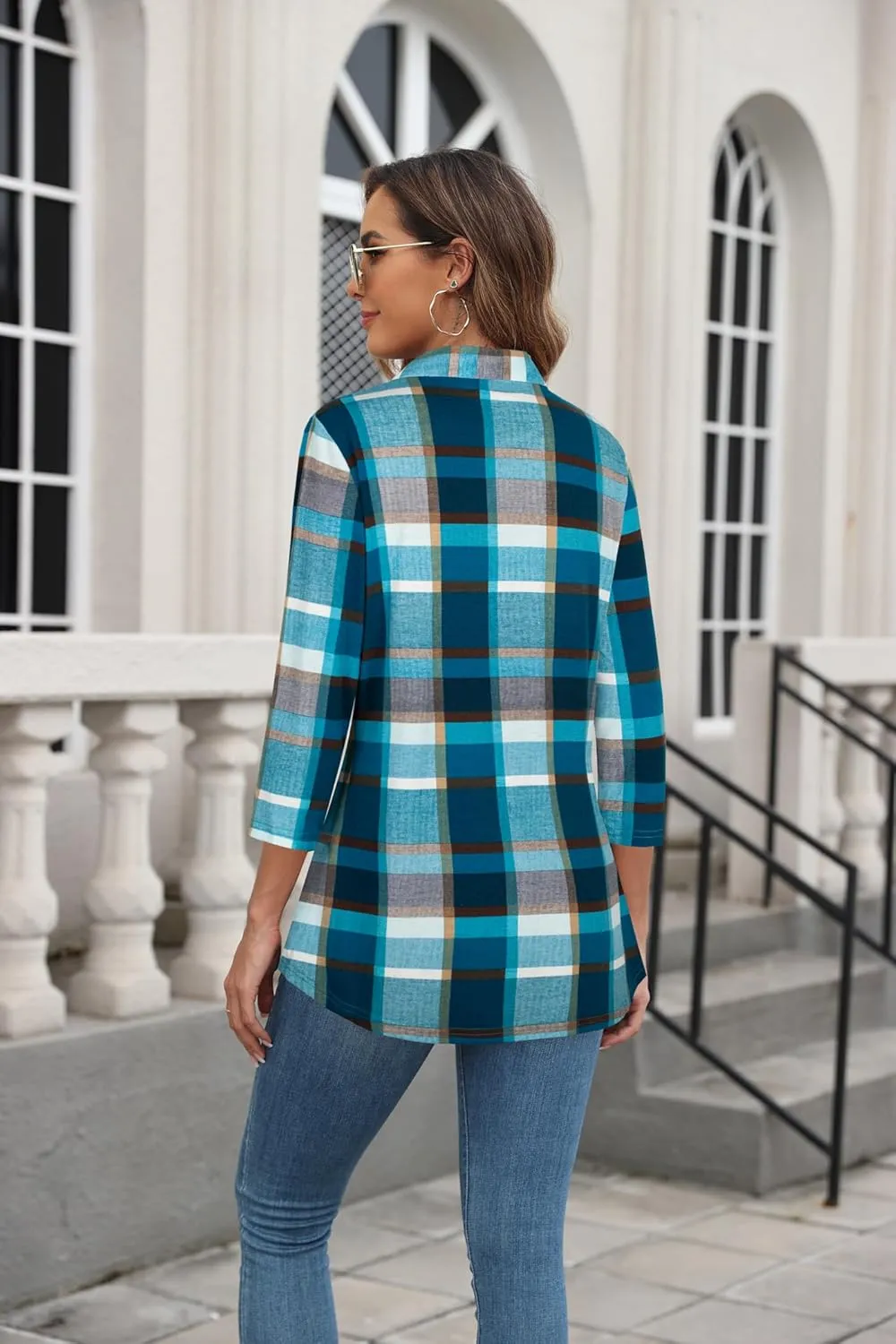 Ninedaily Women's Plaid Shirt Collared Button Down Blouse 3/4 Sleeve Tunic Tops