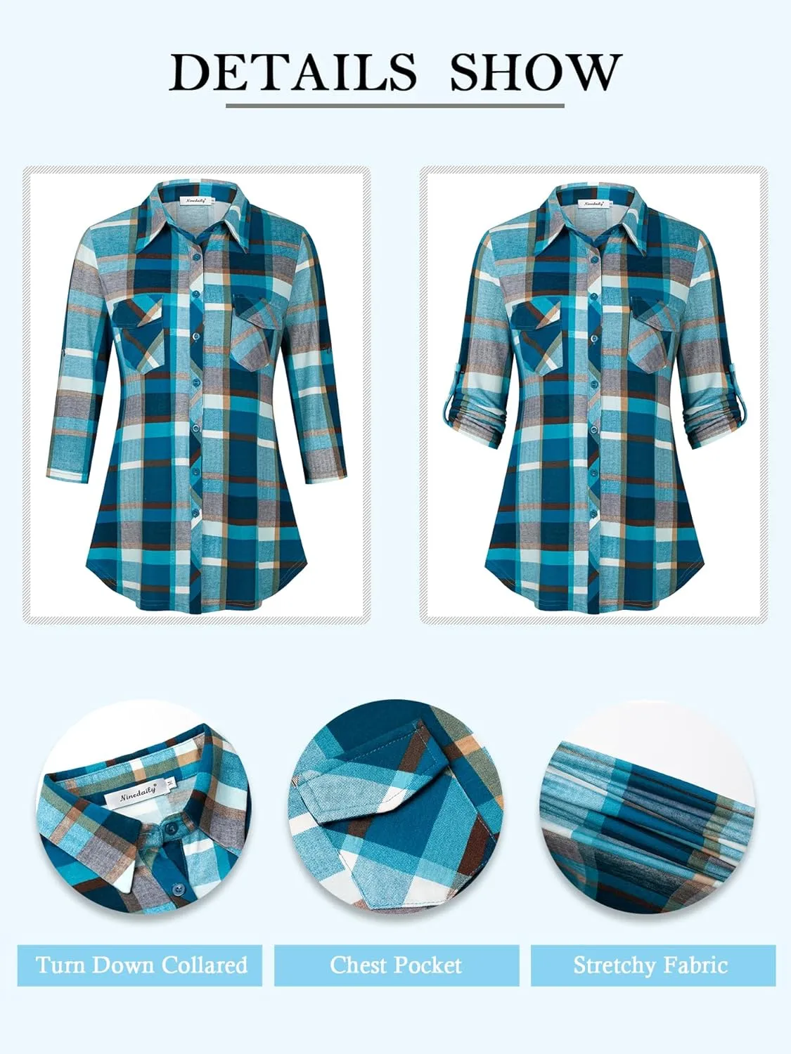 Ninedaily Women's Plaid Shirt Collared Button Down Blouse 3/4 Sleeve Tunic Tops