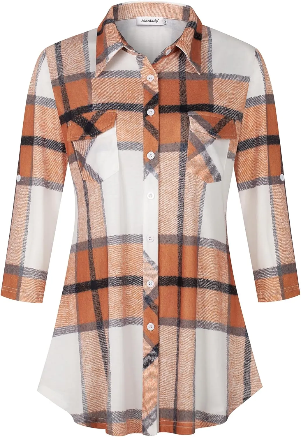 Ninedaily Women's Plaid Shirt Collared Button Down Blouse 3/4 Sleeve Tunic Tops