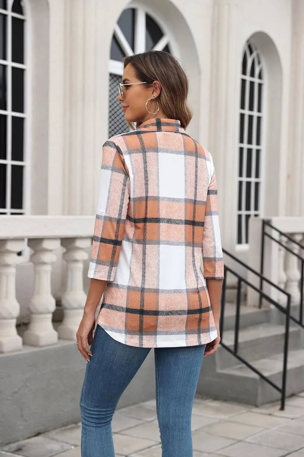 Ninedaily Women's Plaid Shirt Collared Button Down Blouse 3/4 Sleeve Tunic Tops