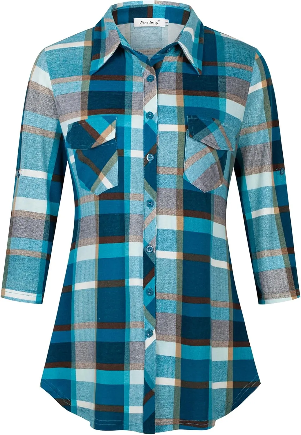 Ninedaily Women's Plaid Shirt Collared Button Down Blouse 3/4 Sleeve Tunic Tops