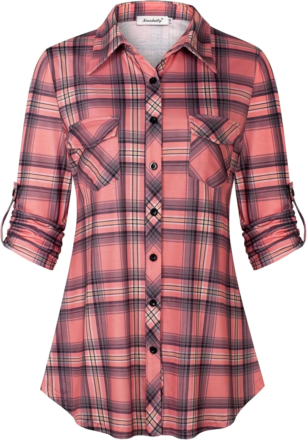 Ninedaily Women's Plaid Shirt Collared Button Down Blouse 3/4 Sleeve Tunic Tops