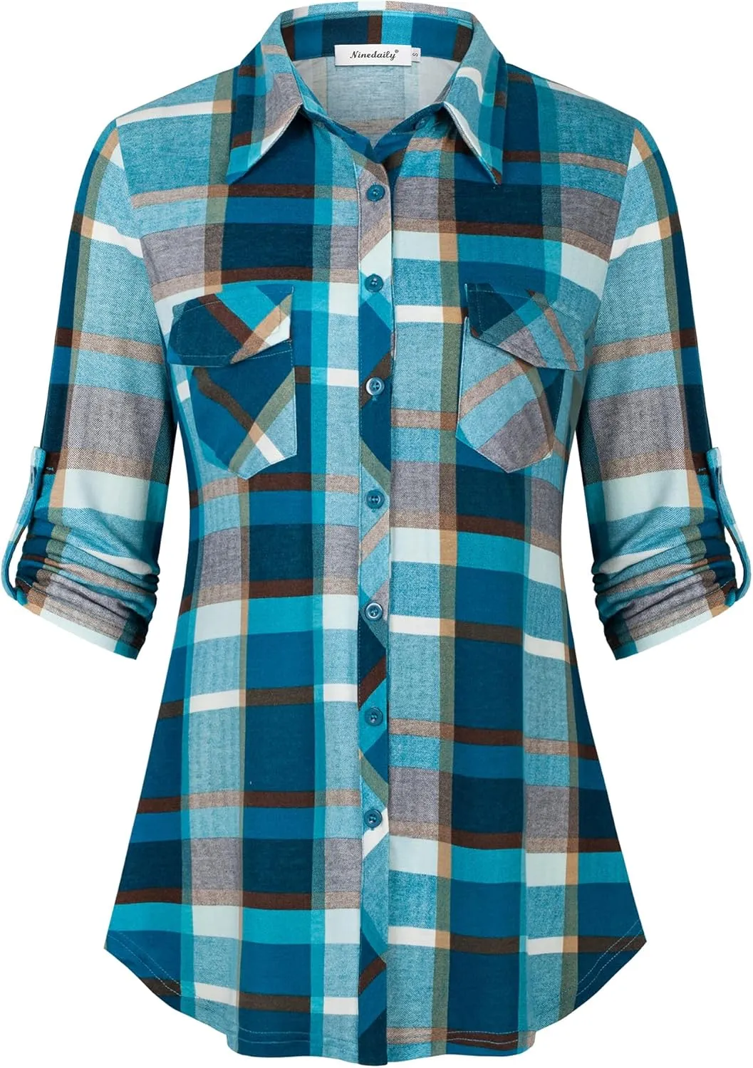Ninedaily Women's Plaid Shirt Collared Button Down Blouse 3/4 Sleeve Tunic Tops