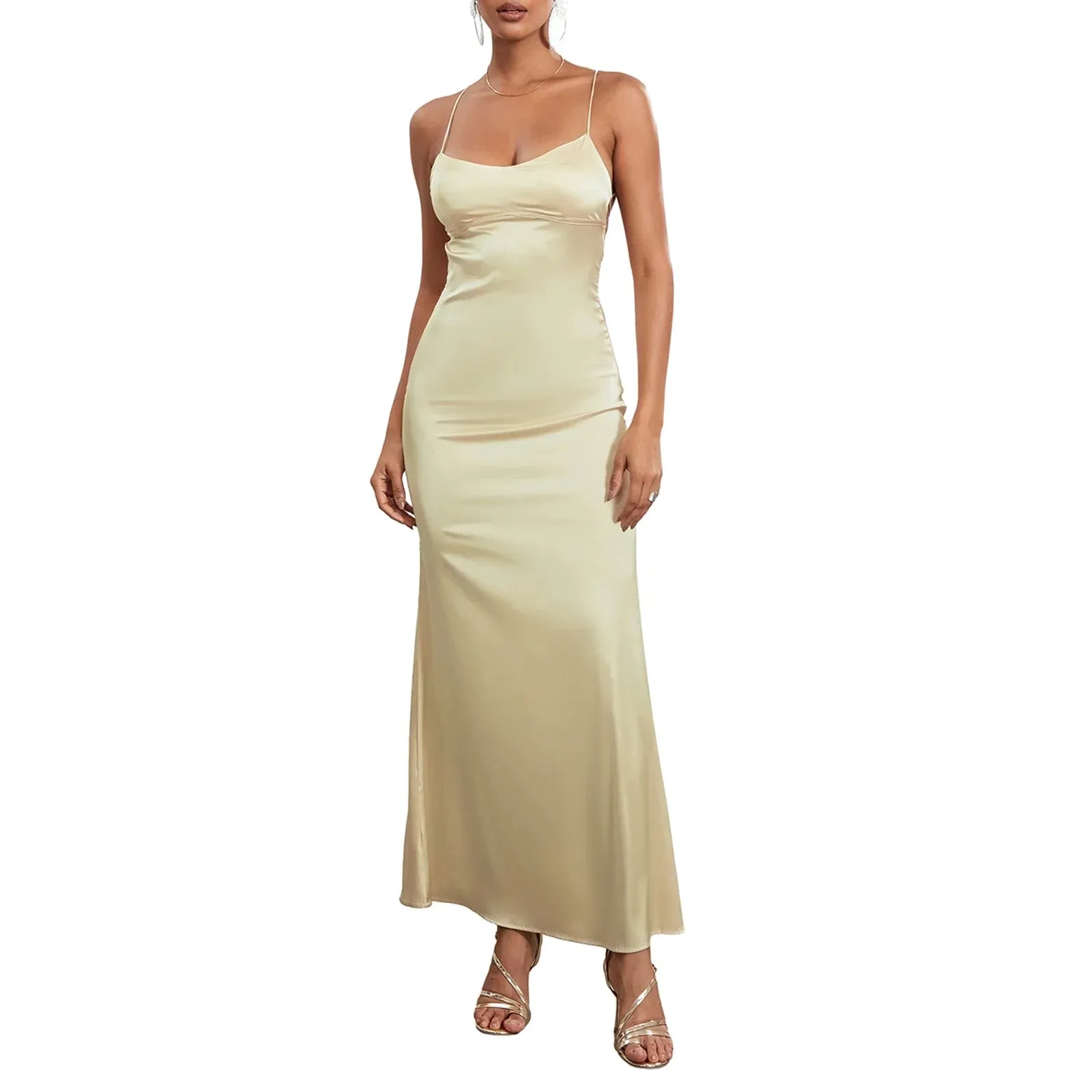 Open Back Evening Solid Color Sleeveless Low Cut Lace-up Satin Long Slip Clothes Summer Sexy Dress