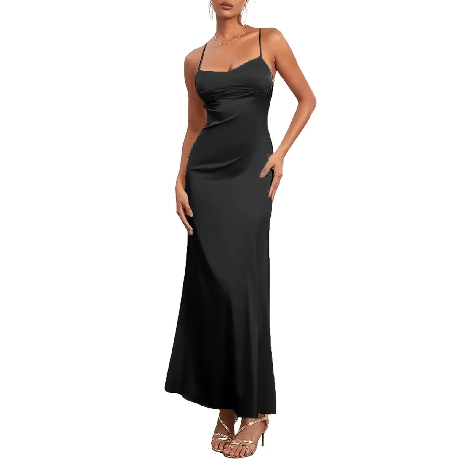Open Back Evening Solid Color Sleeveless Low Cut Lace-up Satin Long Slip Clothes Summer Sexy Dress