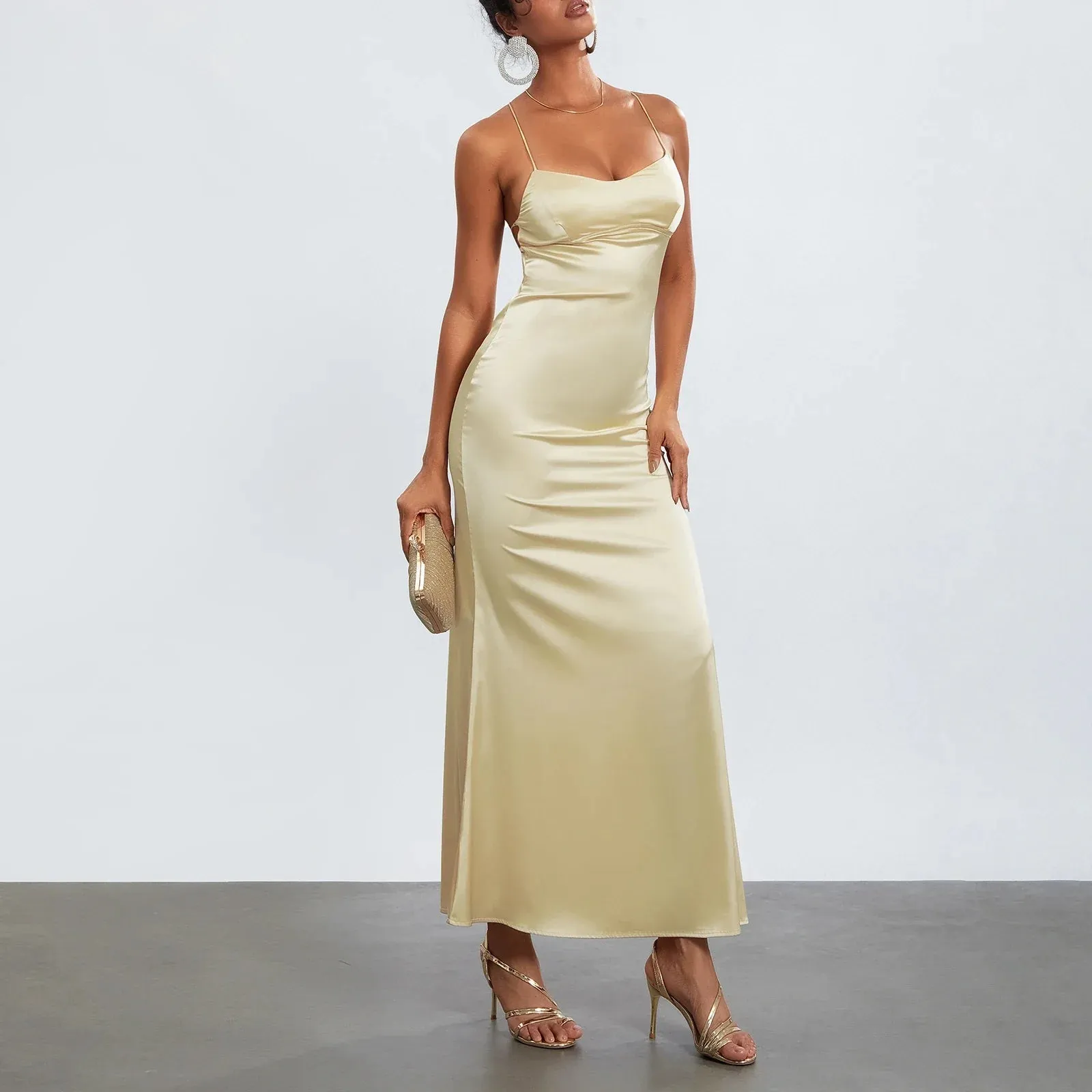 Open Back Evening Solid Color Sleeveless Low Cut Lace-up Satin Long Slip Clothes Summer Sexy Dress