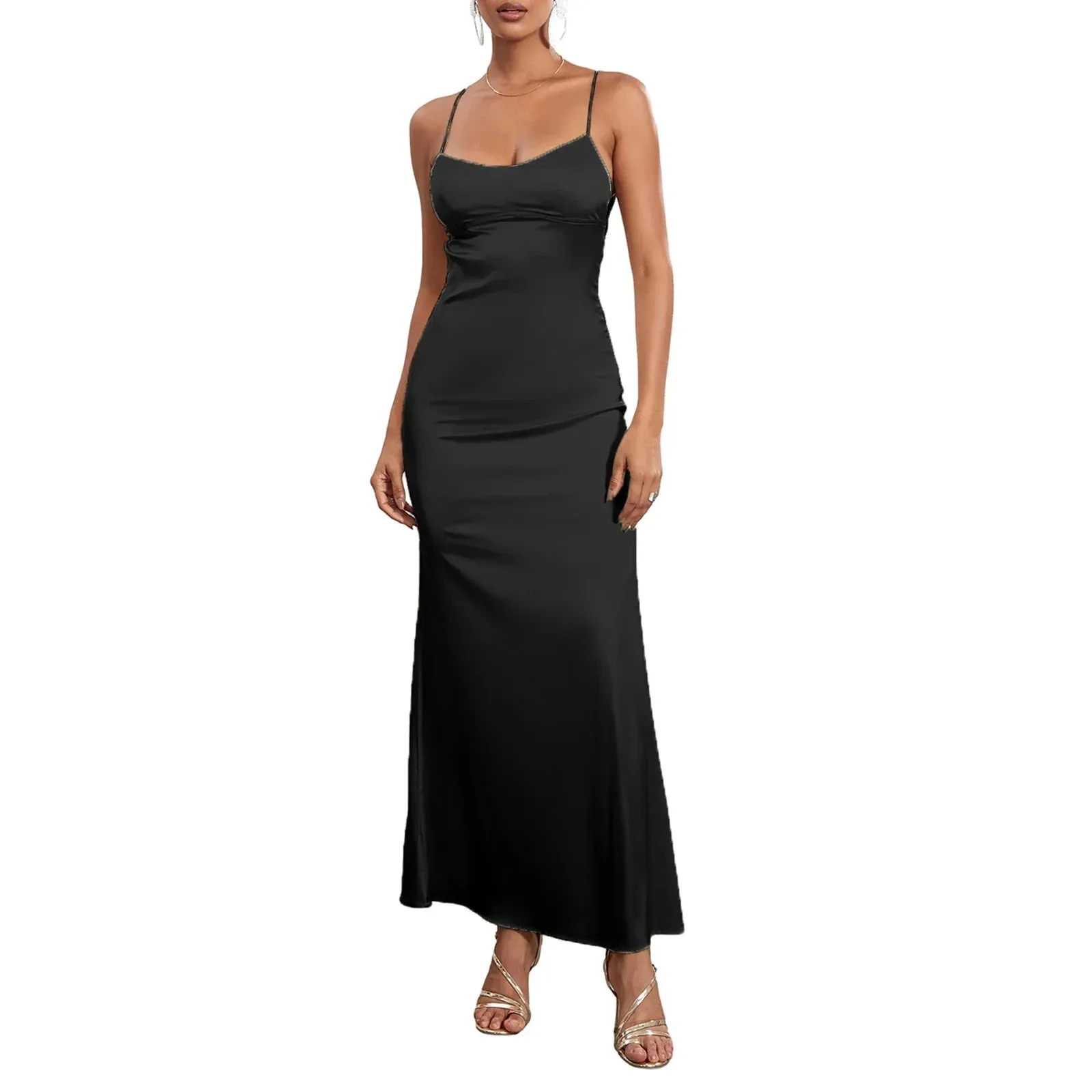 Open Back Evening Solid Color Sleeveless Low Cut Lace-up Satin Long Slip Clothes Summer Sexy Dress