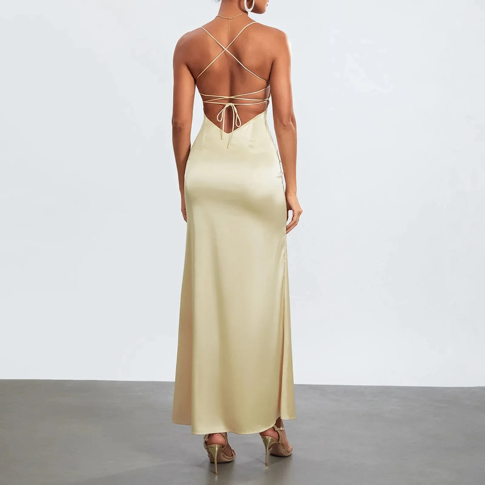 Open Back Evening Solid Color Sleeveless Low Cut Lace-up Satin Long Slip Clothes Summer Sexy Dress