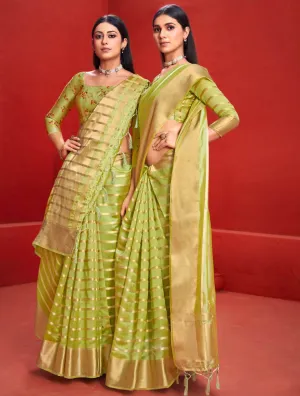 Organza Silk Golden Zari Border Green saree with Two Blouses