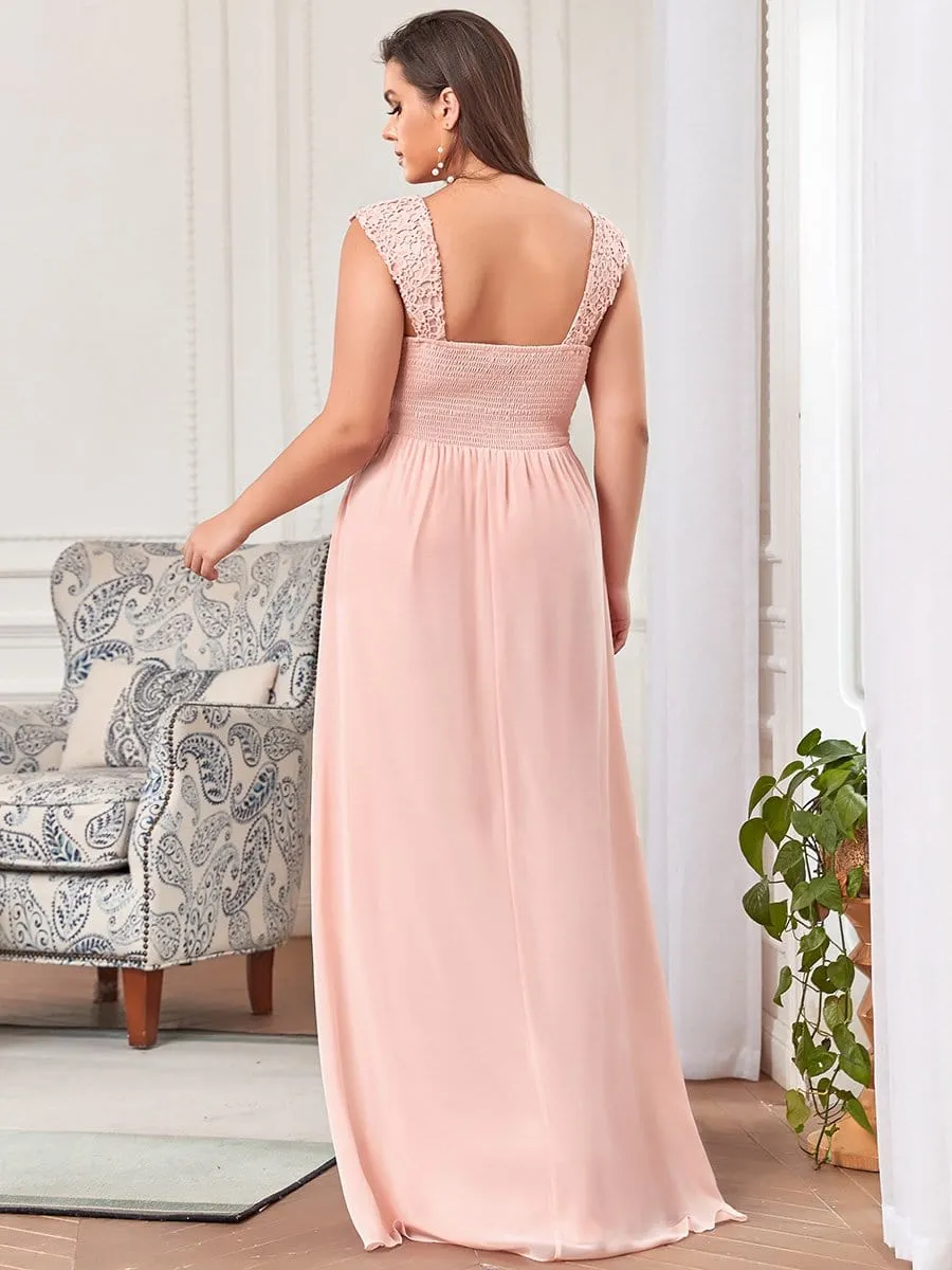 Plus Size Elegant A Line Long Chiffon Bridesmaid Dress With Lace Bodice