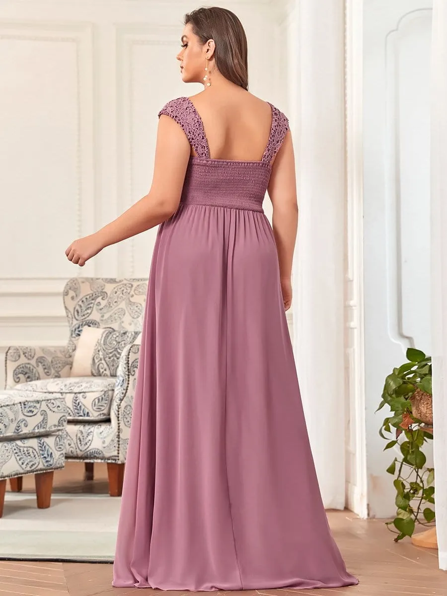 Plus Size Elegant A Line Long Chiffon Bridesmaid Dress With Lace Bodice