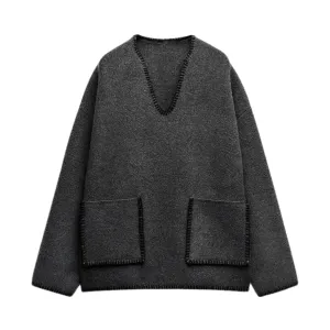Pre Order:  Overstitched Patch Pockets Knitted Sweater