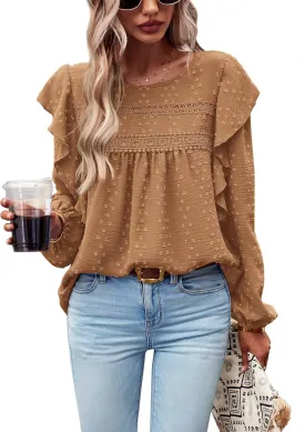 PRETTYGARDEN Women's Long Sleeve Blouses Ruffle Swiss Dot Crochet Loose Fit 2025 Spring Fall Tunic Dressy Casual Tops