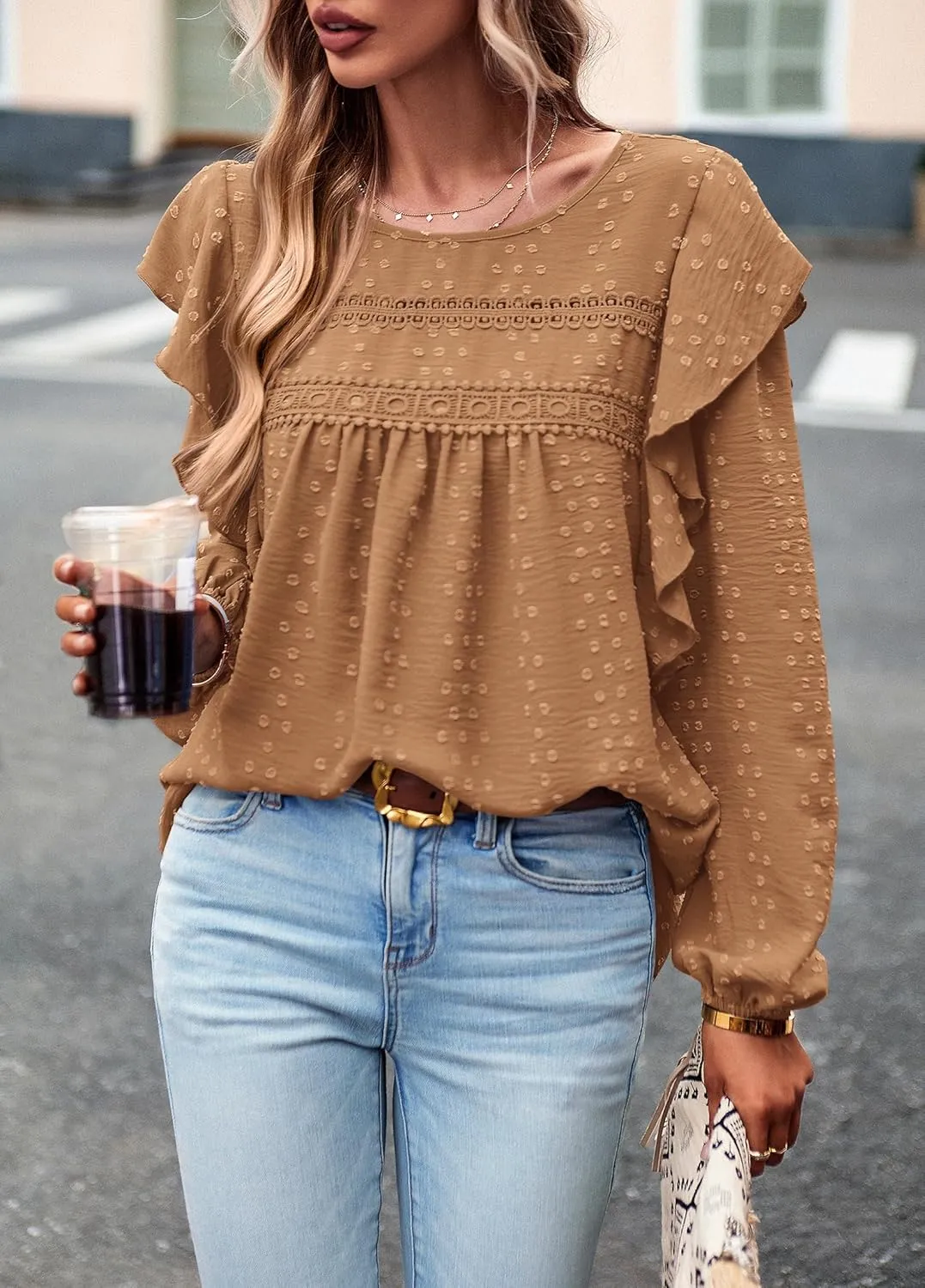 PRETTYGARDEN Women's Long Sleeve Blouses Ruffle Swiss Dot Crochet Loose Fit 2025 Spring Fall Tunic Dressy Casual Tops