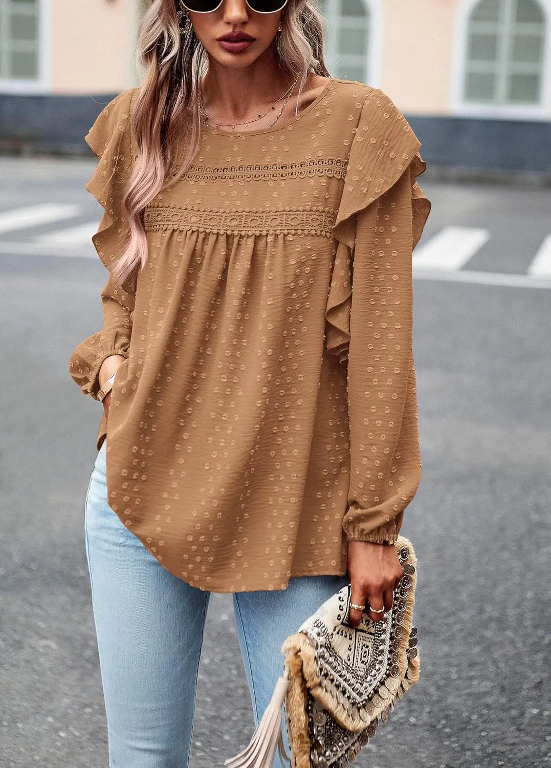 PRETTYGARDEN Women's Long Sleeve Blouses Ruffle Swiss Dot Crochet Loose Fit 2025 Spring Fall Tunic Dressy Casual Tops