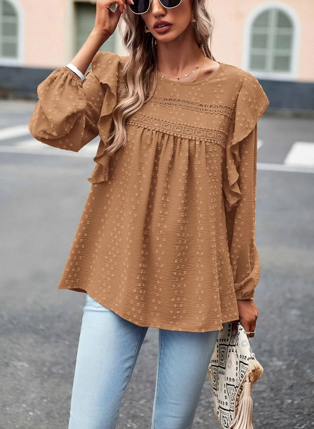 PRETTYGARDEN Women's Long Sleeve Blouses Ruffle Swiss Dot Crochet Loose Fit 2025 Spring Fall Tunic Dressy Casual Tops