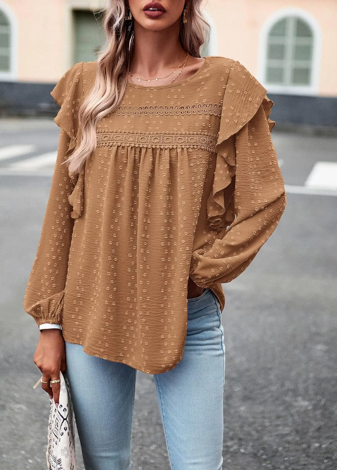 PRETTYGARDEN Women's Long Sleeve Blouses Ruffle Swiss Dot Crochet Loose Fit 2025 Spring Fall Tunic Dressy Casual Tops