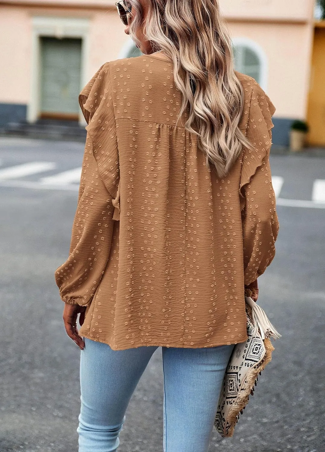 PRETTYGARDEN Women's Long Sleeve Blouses Ruffle Swiss Dot Crochet Loose Fit 2025 Spring Fall Tunic Dressy Casual Tops