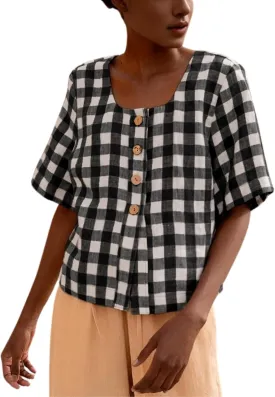 PUWEI Women's Plaid Button Down Shirts Cotton Short Sleeve Square Neck Gingham Tops Blouses