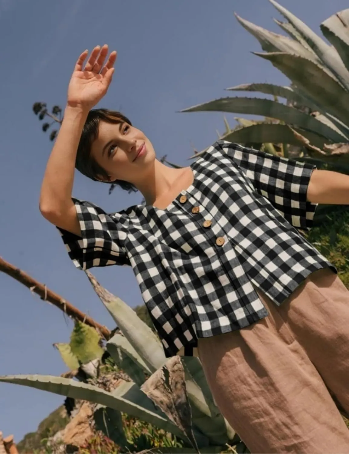 PUWEI Women's Plaid Button Down Shirts Cotton Short Sleeve Square Neck Gingham Tops Blouses