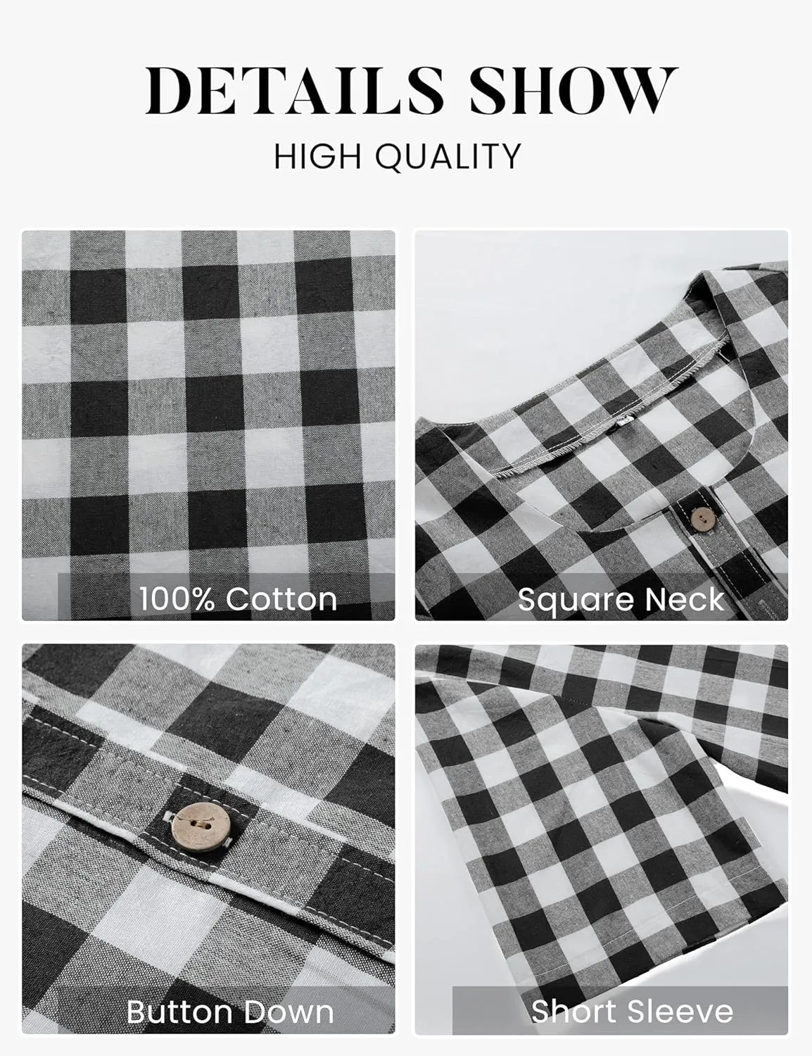 PUWEI Women's Plaid Button Down Shirts Cotton Short Sleeve Square Neck Gingham Tops Blouses