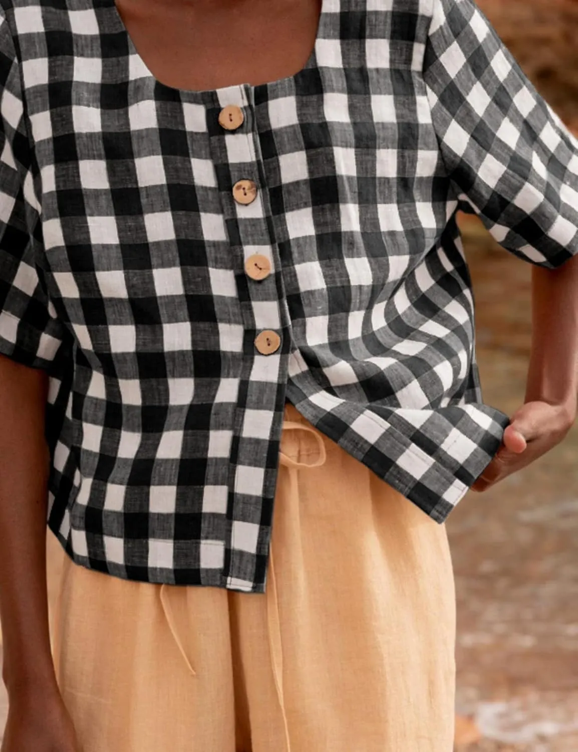 PUWEI Women's Plaid Button Down Shirts Cotton Short Sleeve Square Neck Gingham Tops Blouses