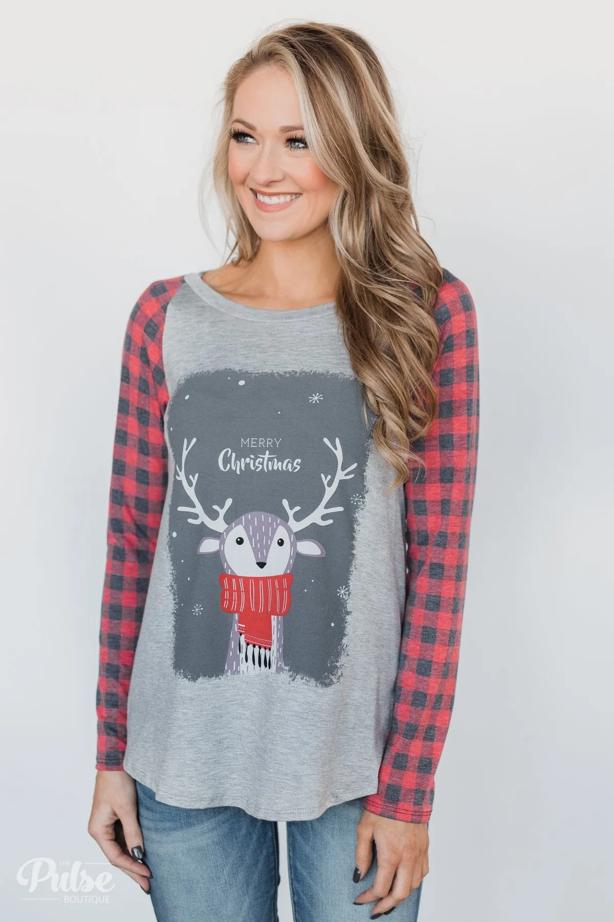 "Merry Christmas" Plaid Long Sleeve Top