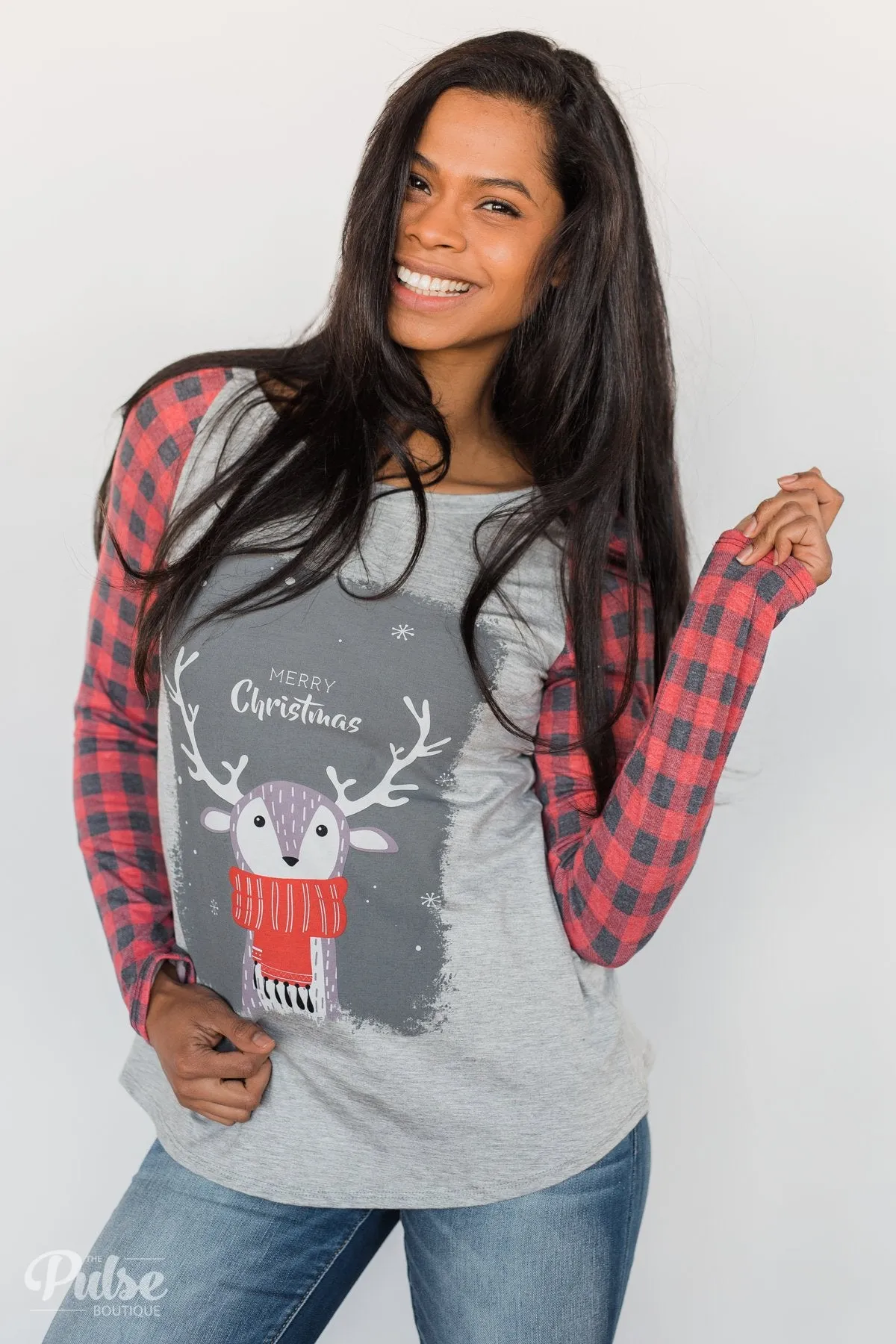 "Merry Christmas" Plaid Long Sleeve Top