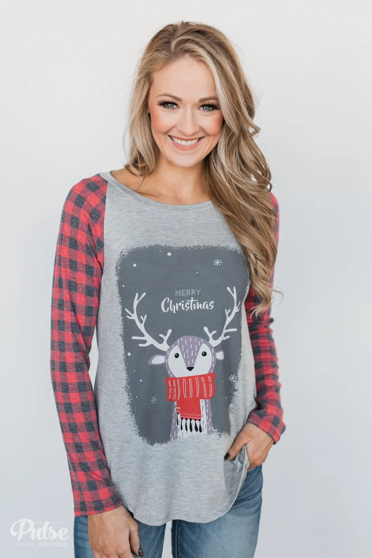 "Merry Christmas" Plaid Long Sleeve Top